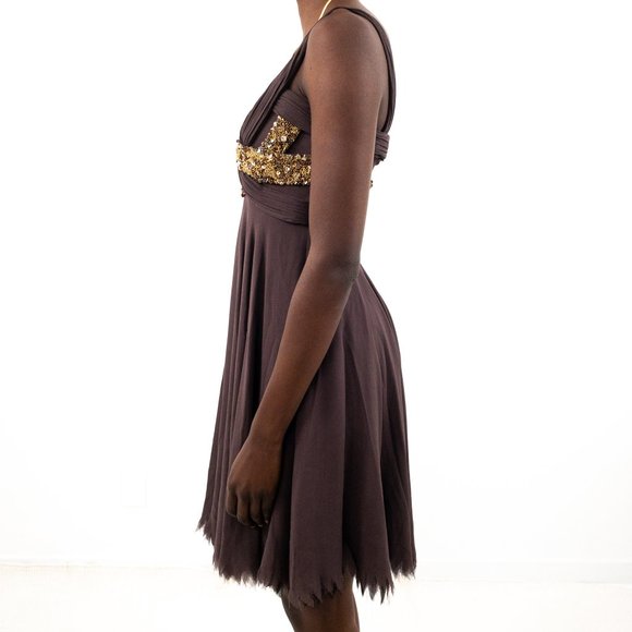 Vintage Y2K XS Silk Beaded Mini Party Dress Brown - Picture 4 of 9